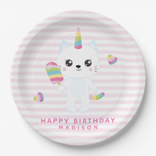 Cute Unicorn Cat - Roze stripte Papieren Bordje