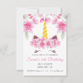Cute Unicorn Children Birthday Invitation RSVP Kaartje