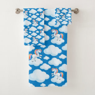 Cute Unicorn Clouds Whimsical Blue Patroon Bad Handdoek