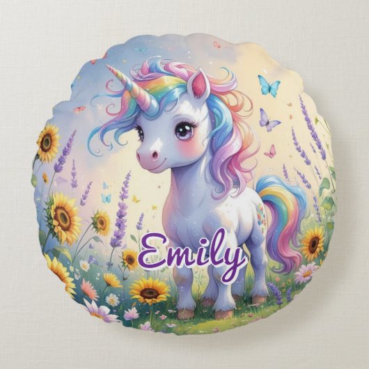 Cute Unicorn dans le Jardin Flower Coussin rond (Devant)