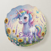 Cute Unicorn dans le Jardin Flower Coussin rond (Dos)