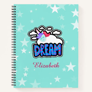 Cute Unicorn Dream   Blauw   Je naam personalisere Notitieboek