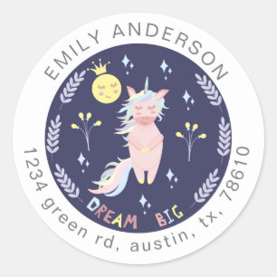 Cute unicorn droom big navy blue return address ronde sticker