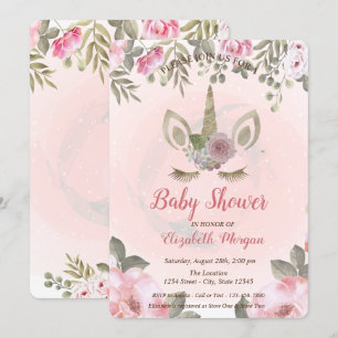 Cute Unicorn Face, Floral Baby shower Invitation Kaart