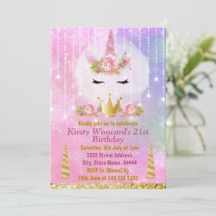 Cute Unicorn Face Pink Flowers Birthday Party Kaart