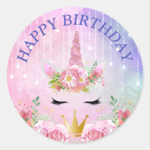Cute Unicorn Face & Pink Flowers Birthday Ronde Sticker