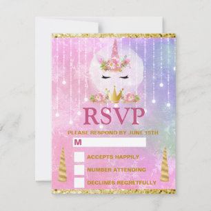 Cute Unicorn Face Pink Flowers Quinceañera RSVP Kaartje