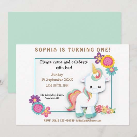 Cute Unicorn Floral Girl First Birthday Invitation (Devant / Derrière)