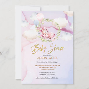 Cute Unicorn Floral Greenery Pink Sky Baby shower Kaart