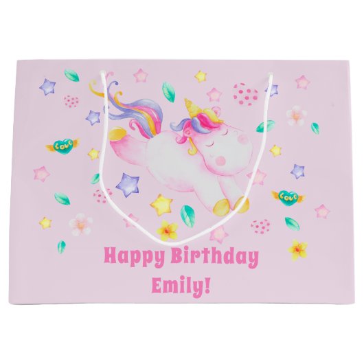 Cute Unicorn - Gepersonaliseerde Roze Kinderen van Groot Cadeauzakje (Voorkant)