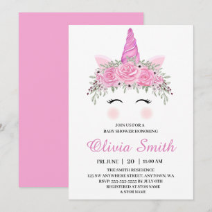 Cute Unicorn Girl Baby shower met roze naam Kaart