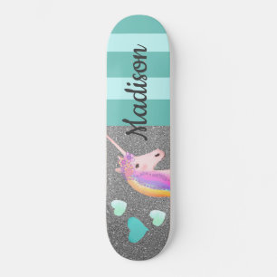 Cute Unicorn Glitter Blauwgroen Harten Kinderen op Skateboard
