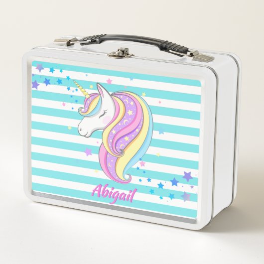 Cute Unicorn Holografische Sterren Aqua Strepen (Voorkant)