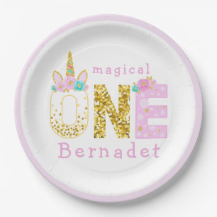 Cute Unicorn Horn 1st Birthday Gold Glitter Papieren Bordje