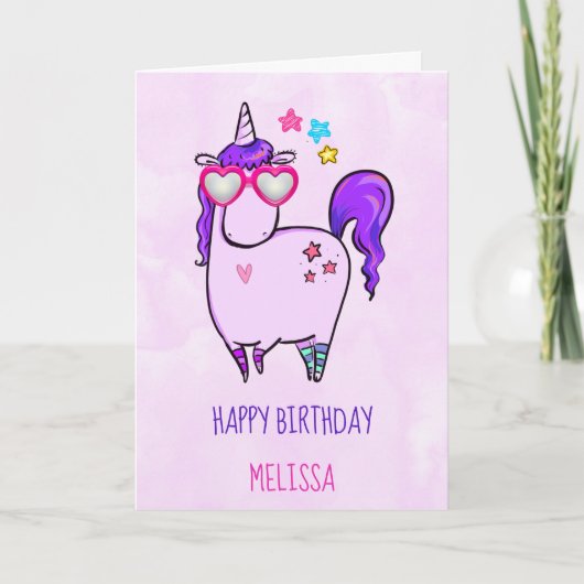 Cute Unicorn in Heart Shaped Glasses Birthday Kaart (Voorkant)