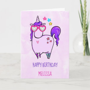 Cute Unicorn in Heart Shaped Glasses Birthday Kaart