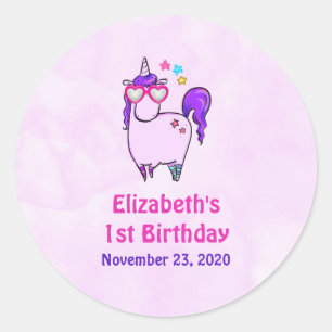 Cute Unicorn in Heart Shaped Glasses Birthday Ronde Sticker