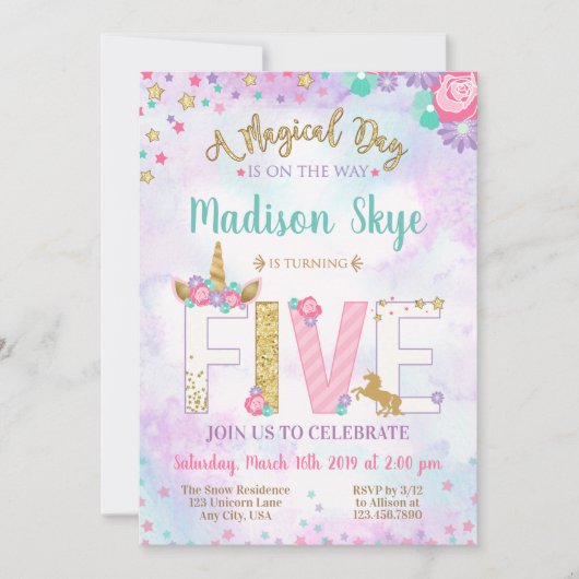 Cute Unicorn Invitation Anniversaire Cinquième Cin (Devant)