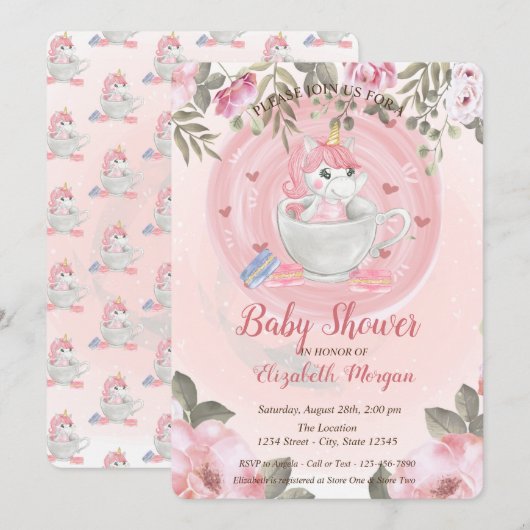 Cute Unicorn, Invitation Baby shower Floral (Devant / Derrière)