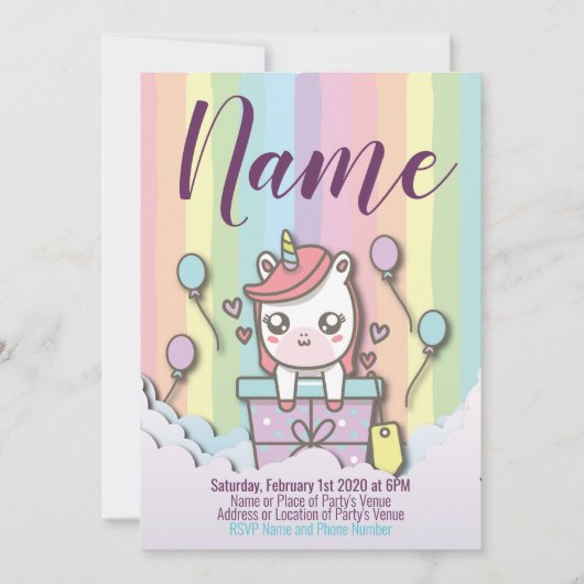 Cute Unicorn Invitation Rainbow Modèle d'anniversa (Devant)