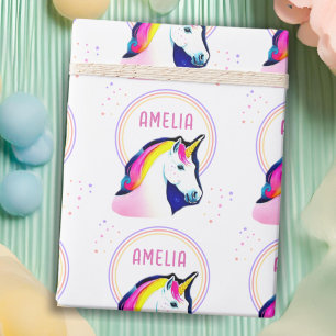 Cute Unicorn Magical Stars Girl Name Birthday Cadeaupapier