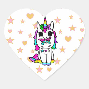Cute Unicorn met Butterfly Stars en Hearts Hart Sticker