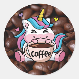 Cute Unicorn met koffie Ronde Sticker