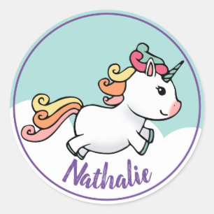 Cute unicorn met naam ronde sticker