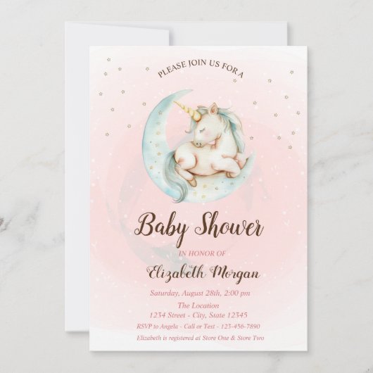 Cute Unicorn Moon Stars Baby shower Invitation (Devant)