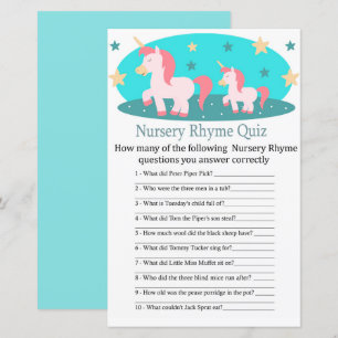 Cute Unicorn Nursery Rhyme Quiz baby shower game