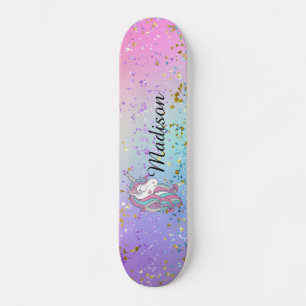 Cute Unicorn Ombre Rainbow Glitter Sparkle Skateboard