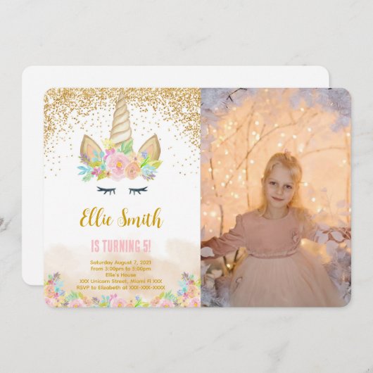 Cute Unicorn Photo Invitation (Devant / Derrière)