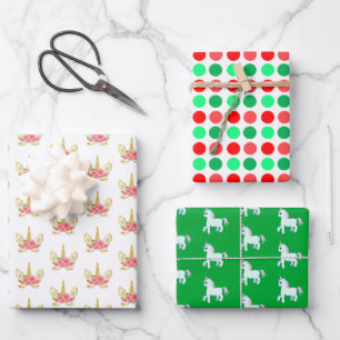 Cute Unicorn & Polka Dots on Green & White Inpakpapier Vel