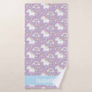 Cute Unicorn Rainbow Girls Paars gepersonaliseerd Badhanddoek