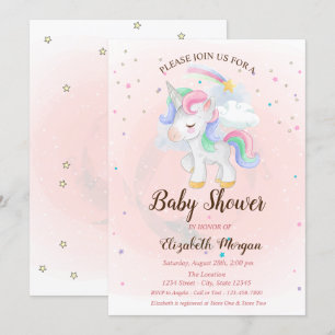 Cute Unicorn, Rainbow, Stars Baby shower Invitatio Kaart