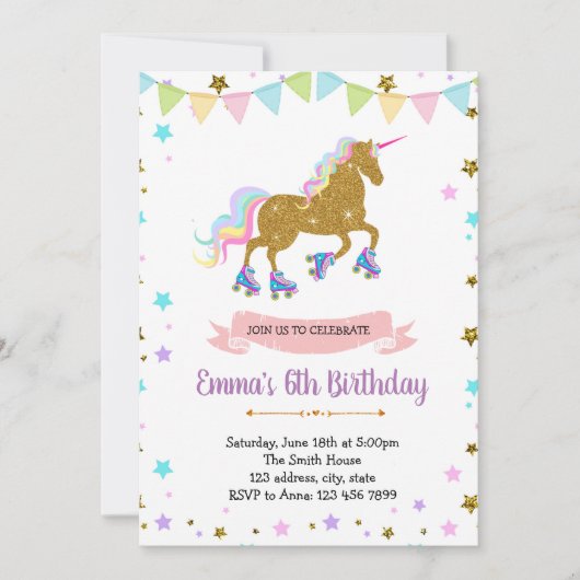 Cute unicorn roller skate thème invitation (Devant)