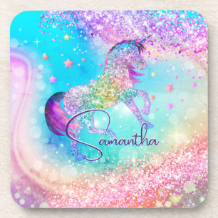 Cute unicorn roze Glitter rainbow aqua monogram Bier Onderzetter