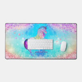 Cute unicorn roze Glitter rainbow aqua monogram Bureaumat (Keyboard & Muis)