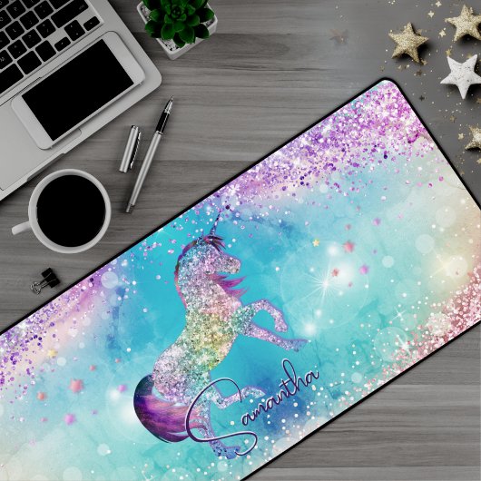 Cute unicorn roze Glitter rainbow aqua monogram Bureaumat