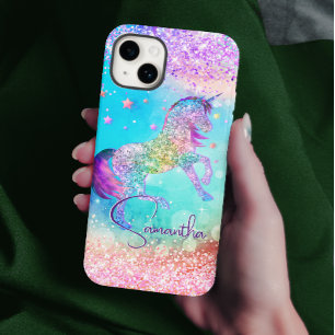 Cute unicorn roze Glitter rainbow aqua monogram Case-Mate iPhone 14 Hoesje