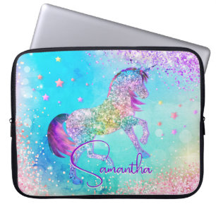 Cute unicorn roze Glitter rainbow aqua monogram Laptop Sleeve
