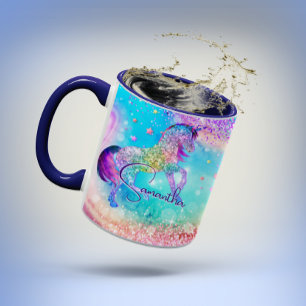 Cute unicorn roze Glitter rainbow aqua monogram Mok