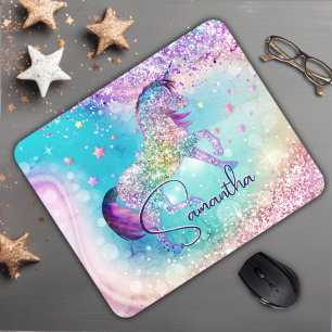Cute unicorn roze Glitter rainbow aqua monogram Muismat