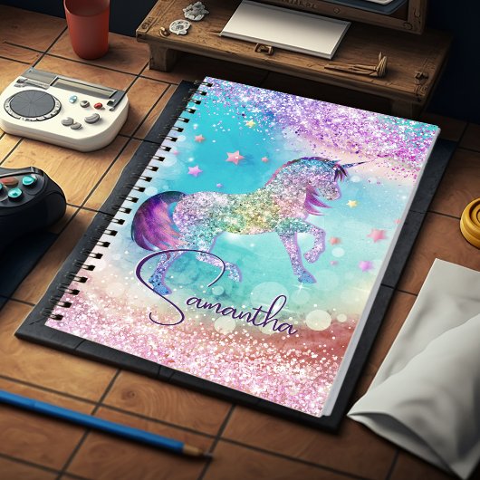Cute unicorn roze Glitter rainbow aqua monogram Notitieboek