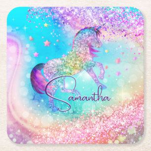 Cute unicorn roze Glitter rainbow aqua monogram Vierkante Kartonnen Onderzetter