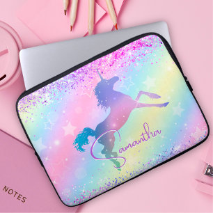 Cute unicorn roze Glitter rainbow monogram Niet va Laptop Sleeve