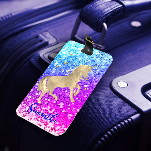 Cute unicorn roze Glitter Regenbooggougrammonogram Bagagelabel