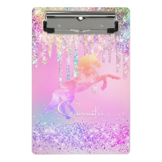 Cute unicorn roze Glitter regenboogschijven monogr Mini Klembord (Voorkant)