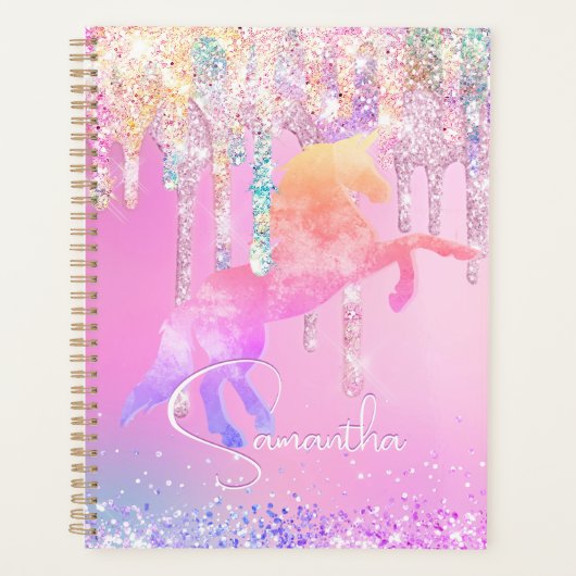 Cute unicorn roze Glitter regenboogschijven monogr Planner (Voorkant)