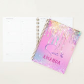 Cute unicorn roze glitter verjaardagsmonogram planner (Display)